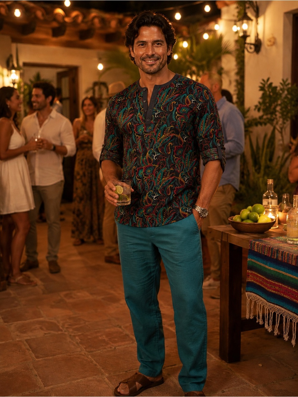 Men's Paisley Henley Polo in Teal - Lightweight Summer Shirt